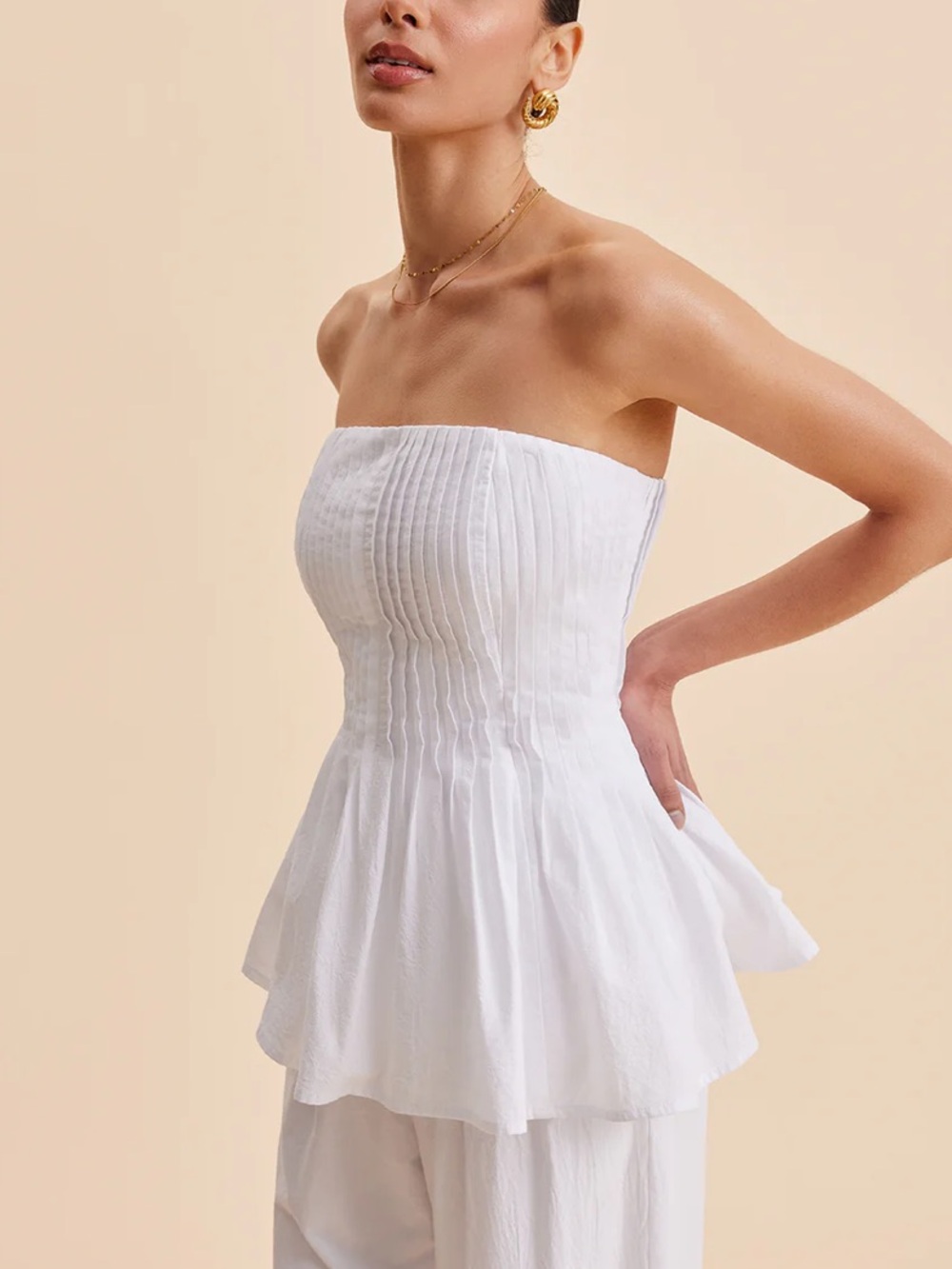 COMMENSE Cotton Pleated Strapless Peplum Top - Picture 3 of 7